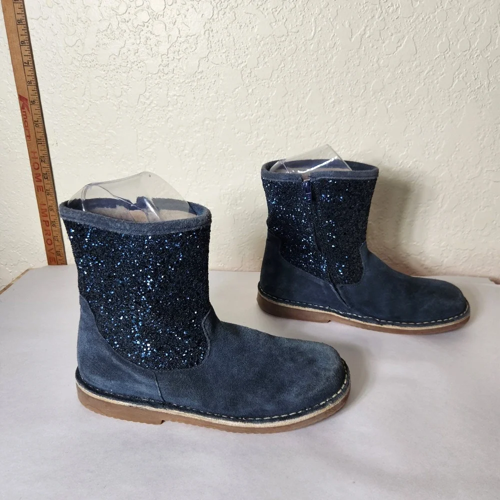 Mini Boden Kids Navy Blue Suede Glitter Faux Fur Lined Boots Size 38